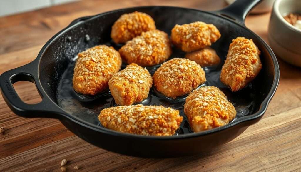 A close-up shot of golden-brown keto fried chicken pieces being freshly cooked in a cast-iron skillet. The chicken is coated in a crispy almond flour breading, sizzling in hot oil under bright, even lighting. The skillet is placed on a rustic wooden surface, with a few scattered herbs and spices in the foreground. The middle ground shows the chicken being carefully monitored, while the background hints at a minimalist kitchen setting with subtle details. The mood is one of culinary expertise, highlighting the delicious, healthier alternative to traditional fried chicken.