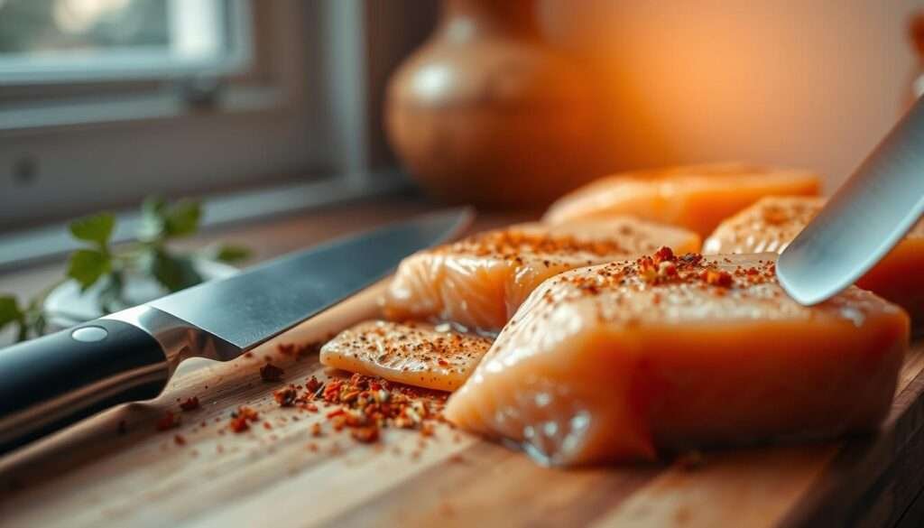 A close-up view of a wooden cutting board with fresh salmon fillets, seasoned with a mixture of spices including paprika, garlic, and chili powder. The salmon is being prepared with a sharp knife, the blade reflecting the warm, natural lighting from a window in the background. Soft shadows cast by the fish and utensils create a sense of depth and dimension. The overall scene conveys a simple, rustic, and efficient 30-minute meal preparation.
