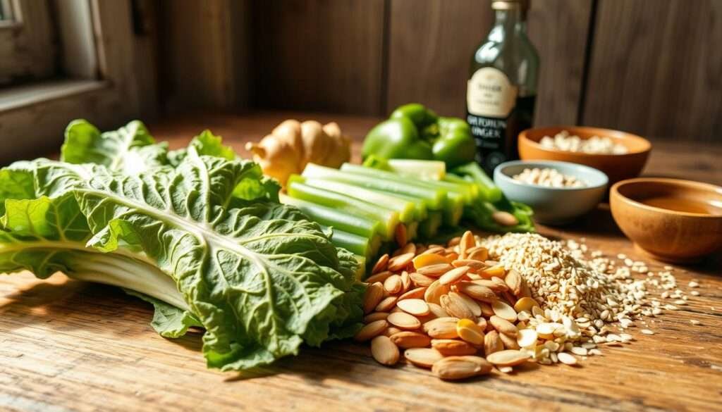 A collection of keto-friendly ingredients lies artfully arranged on a rustic wooden surface, illuminated by natural light streaming through a window. In the foreground, fresh green cabbage leaves, sliced bell peppers, and slivered almonds are neatly positioned. Midground features grated ginger, minced garlic, and sesame seeds, while the background showcases a glass bottle of low-sodium soy sauce and a small ceramic bowl of sesame oil. The overall composition evokes a sense of simplicity and abundance, perfectly capturing the essence of a wholesome keto-friendly meal.