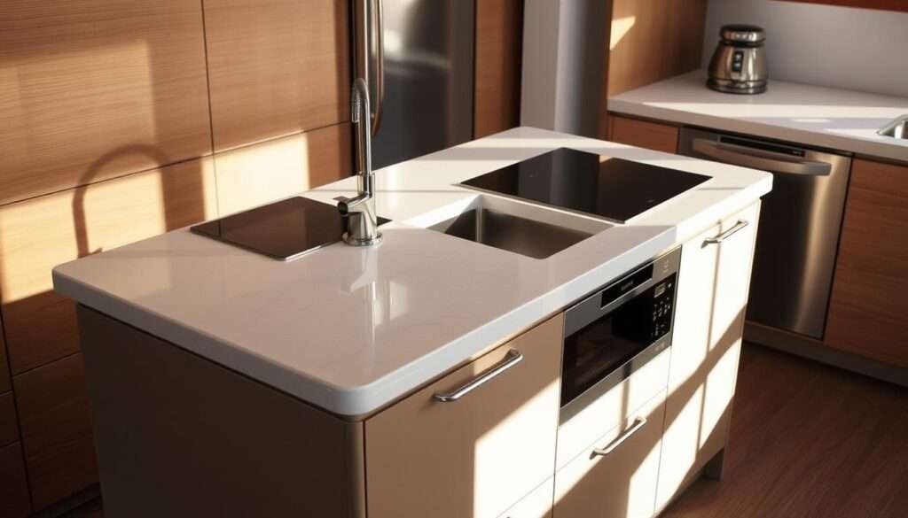 A compact, built-in kitchen island with integrated appliances, bathed in warm, natural lighting and featuring a sleek, minimalist design. The island's countertop is made of a gleaming, light-colored stone, seamlessly integrating a set of hidden cooktops and a small sink. Slender, chrome fixtures accent the clean lines, while the island's base is composed of a streamlined cabinet system, providing ample storage space. The island is situated in a cozy, modern kitchen, its form and function perfectly balanced to maximize the available space.