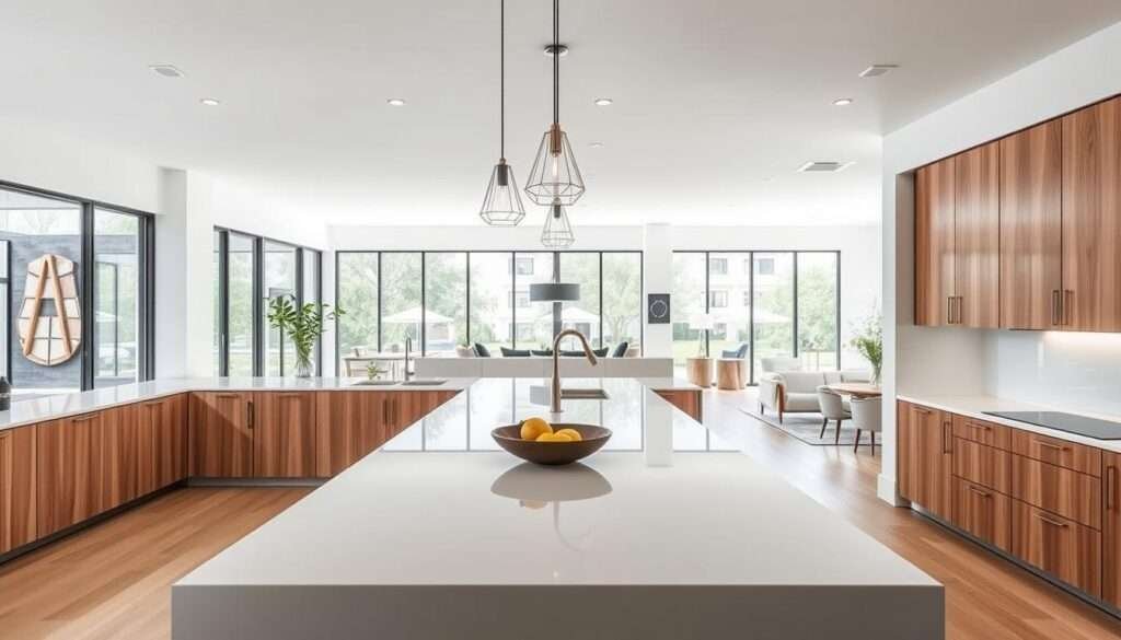 A contemporary open-plan kitchen design with a sleek, minimalist aesthetic. The foreground features a large central island with a glossy white countertop, accented by pendant lights with clean, geometric shapes. Surrounding the island are low-profile cabinets in a warm, natural wood tone, seamlessly integrated into the design. The middle ground showcases a spacious, airy layout with large windows allowing ample natural light to flood the space. In the background, the kitchen flows seamlessly into an adjacent living area, creating a cohesive, open-concept floor plan. The overall mood is one of modern sophistication, balancing functionality and visual appeal.