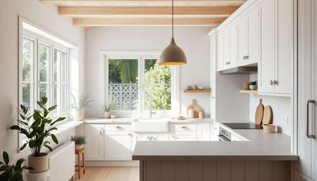 A cozy Scandinavian-inspired kitchen with clean lines, natural light, and a harmonious blend of light wood, white cabinetry, and pale stone countertops. The space features a large window overlooking a serene garden, allowing natural illumination to flood the room. Sleek, minimalist pendant lights hang overhead, casting a warm glow. Carefully curated decor, such as potted plants and a simple vase of fresh flowers, add touches of greenery and organic elements. The overall atmosphere exudes a sense of tranquility, comfort, and timeless sophistication.