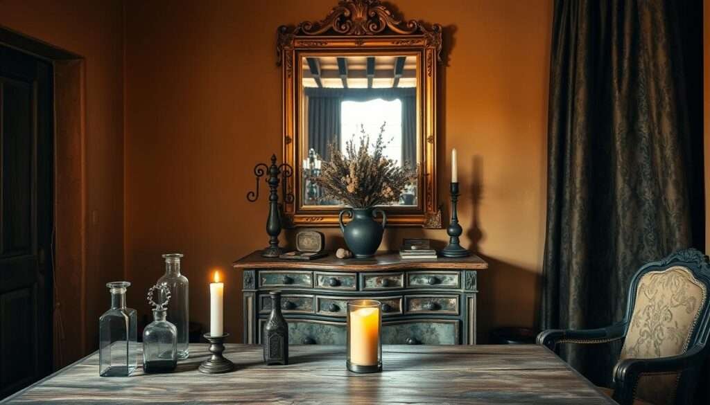 A cozy Tuscan-inspired study with vintage accents and warm lighting. In the foreground, a weathered wooden table displays an assortment of time-worn trinkets, antique glass bottles, and a single lit candle casting a soft glow. Framing the scene, a pair of ornate wrought-iron candlesticks and a vase overflowing with dried flowers sit atop a distressed console table. Hanging on the wall behind, a large gilded mirror reflects the flickering light, adding depth and dimension to the intimate space. The walls are adorned with subtly textured plaster in a muted ochre hue, complemented by heavy brocade curtains that filter the evening sun. An air of rustic elegance permeates the room, transporting the viewer to a bygone era.