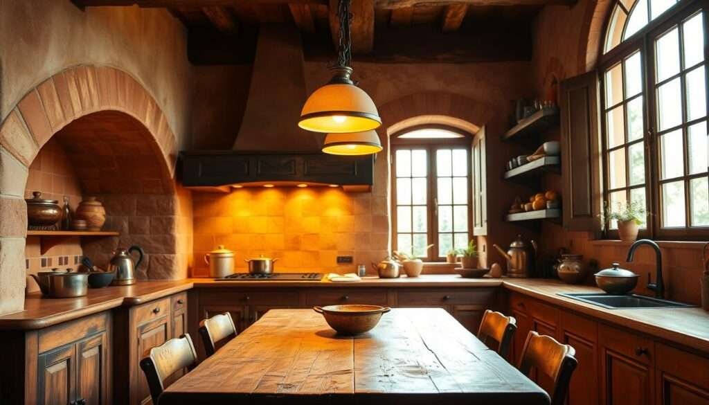 A cozy Tuscan kitchen bathed in warm, inviting lighting. Soft, glowing pendant lights hang over a sturdy wooden table, casting a golden ambiance across the space. The walls feature classic terracotta tiles, complemented by rich, textured plaster. Earthy tones and natural materials, such as terracotta, stone, and wood, create a harmonious, rustic atmosphere. Copper pots and pans hang within reach, adding a touch of Old World charm. Large windows allow natural light to filter in, blending seamlessly with the artificial illumination. The overall effect is a welcoming, inviting kitchen that exudes the essence of Tuscan design.