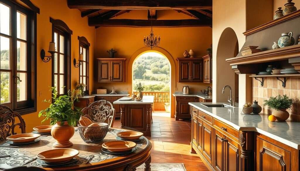 A cozy Tuscan kitchen with a warm, inviting color palette. The foreground features an ornate vintage-inspired dining table set with terracotta dishware, a rustic bread basket, and a centerpiece of fresh herbs and lemons. Sunlight streams in through large windows, casting a golden glow on the earthy toned walls adorned with terracotta tiles and wrought iron wall sconces. In the middle ground, a wooden kitchen island with a marble countertop is flanked by stained wood cabinetry. The background showcases a terracotta floor, exposed ceiling beams, and a view of a lush Tuscan landscape through an open archway. The overall scene evokes a sense of timeless, Mediterranean elegance.