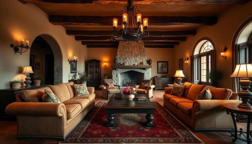 A cozy Tuscan living room with inviting seating arrangements. A large, plush sofa and armchairs upholstered in warm, earthy tones sit around a rustic wooden coffee table. Soft lighting from sconces on the walls and a wrought-iron chandelier creates a gentle, ambient glow. The space is accented with terracotta tiles, exposed wooden beams, and a stone fireplace in the background, evoking the classic Tuscan architectural style. Ornate area rugs, potted plants, and decorative accents add to the overall sense of comfort and charm. The scene is captured with a wide-angle lens to showcase the room's welcoming atmosphere.