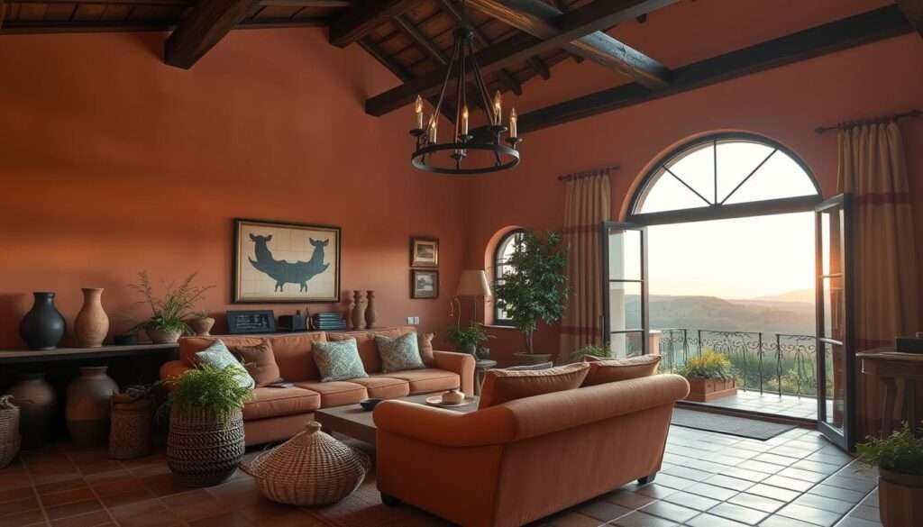 A cozy Tuscan-style interior with warm, earthy tones. An inviting living room with a plush, terracotta-colored sofa and matching armchair. Terracotta tiles cover the floor, while exposed wooden beams add rustic charm overhead. Decorative pottery, woven baskets, and lush greenery create a natural, organic ambiance. Soft lighting from a wrought-iron chandelier casts a gentle glow, complementing the terracotta walls. In the background, a large window offers a picturesque view of rolling Tuscan hills, bathed in the golden hues of the setting sun. The scene exudes a sense of timeless elegance and effortless Mediterranean style.
