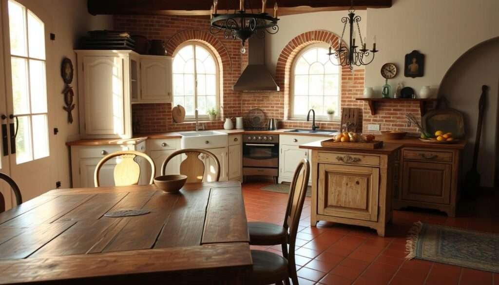 A cozy and charming Spanish Mediterranean kitchen with vintage accents. The foreground features a rustic wooden dining table surrounded by vintage-inspired chairs, a worn antique sideboard, and a terracotta tile floor. The middle ground showcases a farmhouse-style kitchen with white cabinetry, wrought-iron hardware, and a large, arched window that floods the space with warm, golden light. In the background, a brick accent wall and a terracotta tile backsplash add depth and texture. Soft, diffused lighting creates a warm, inviting atmosphere, while carefully curated vintage decor, such as a ceramic pitcher, a wrought-iron chandelier, and a faded area rug, complete the charming, time-worn aesthetic.