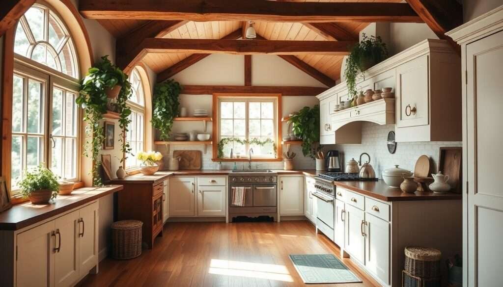 A cozy and inviting cottagecore-inspired kitchen, bathed in warm, natural light filtering through large, arched mullion windows. The rustic wood beams and hardwood floors create a charming, farmhouse-style ambiance. Shaker-style cabinets in a soft, creamy white finish line the walls, complemented by antique brass hardware. A vintage-inspired range and farmhouse sink anchor the space, surrounded by a subtly patterned backsplash. Lush, trailing plants and a display of handcrafted ceramic pieces add a touch of organic, homespun elegance. The overall atmosphere exudes a sense of timeless, country-chic comfort.