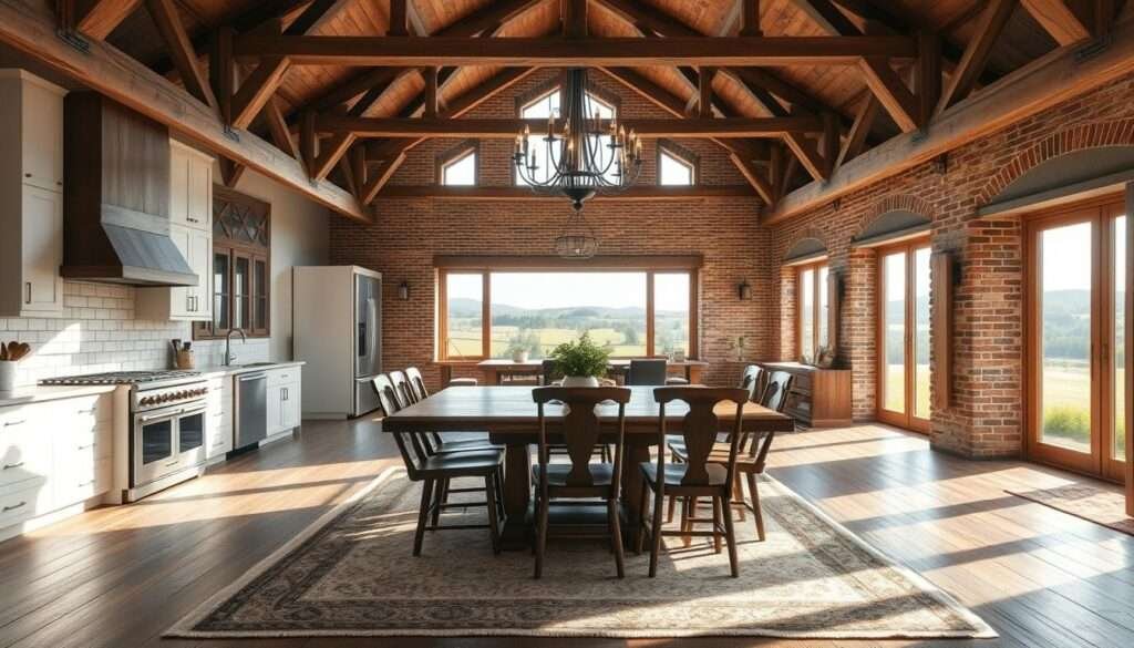 A cozy and inviting countryside kitchen in a charming barndominium. The foreground features a rustic wooden farmhouse table with handcrafted chairs, a worn but elegant rug, and a stunning antique chandelier casting a warm glow. The middle ground showcases a spacious open-concept layout with white subway tile backsplash, stainless steel appliances, and farmhouse-style cabinetry. Sunlight streams in through large windows, highlighting the natural wood beams and exposed brick walls that create a sense of timeless elegance. In the background, rolling hills and lush greenery can be seen through the panoramic windows, completing the picturesque countryside scene. The overall atmosphere exudes a perfect balance of comfort, sophistication, and serene countryside beauty.