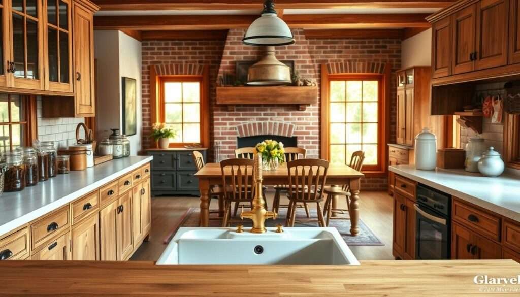 A cozy and inviting farmhouse kitchen with a warm, rustic charm. In the foreground, a large farmhouse sink with a classic apron front and brass fixtures stands as the centerpiece. Surrounding it, wooden cabinets with distressed detailing and wrought-iron hardware create a timeless aesthetic. On the countertops, a collection of mason jars, ceramic canisters, and a vintage-inspired utensil holder add to the charming ambiance. The middle ground showcases a farmhouse-style dining table with mismatched wooden chairs, providing a space for casual meals and gathering. In the background, a brick-clad fireplace with a rustic mantel sets the mood, while natural light streams in through large windows, casting a soft, golden glow throughout the space.
