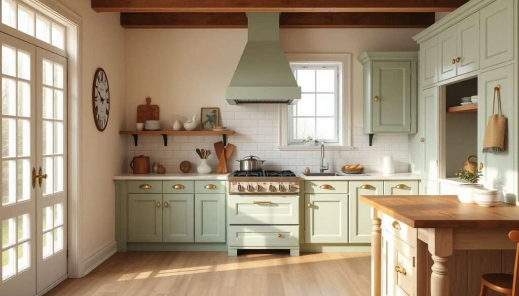 A cozy and inviting retro pastel green kitchen with shaker-style cabinets, heirloom brass hardware, and a vintage range hood. Soft natural light filters in through large windows, casting a warm glow over the cream-colored walls and pale wood floors. Antique farmhouse-style accents, like a distressed wooden counter island and a ceramic tile backsplash, lend a timeless charm. The overall atmosphere is one of understated elegance and nostalgic appeal, perfectly capturing the essence of a charmingly vintage culinary space.