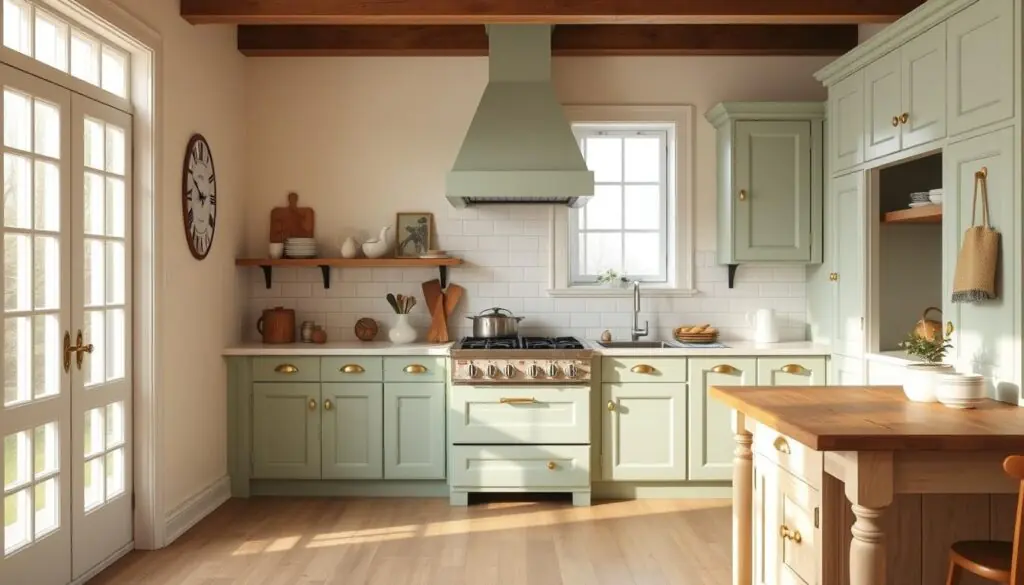 A cozy and inviting retro pastel green kitchen with shaker-style cabinets, heirloom brass hardware, and a vintage range hood. Soft natural light filters in through large windows, casting a warm glow over the cream-colored walls and pale wood floors. Antique farmhouse-style accents, like a distressed wooden counter island and a ceramic tile backsplash, lend a timeless charm. The overall atmosphere is one of understated elegance and nostalgic appeal, perfectly capturing the essence of a charmingly vintage culinary space.