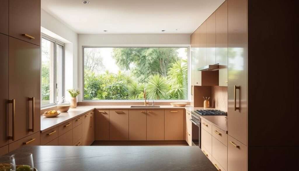 A cozy and modern dark beige kitchen with mixed metal accents. The kitchen features sleek, handleless cabinets in a deep, warm beige tone that create a sophisticated, muted palette. Brushed brass hardware and fixtures add subtle yet striking contrast, complemented by the rich, earthy tones of the natural stone countertops. The room is bathed in a soft, diffused light that casts a calming glow, accentuating the kitchen's clean lines and minimalist design. Stainless steel appliances gleam against the neutral backdrop, while a large window in the background offers a glimpse of a lush, verdant garden outside, blending the indoors and outdoors seamlessly. This harmonious blend of natural hues and metallic accents creates a serene and inviting kitchen space, perfectly suited for the modern, discerning homeowner.