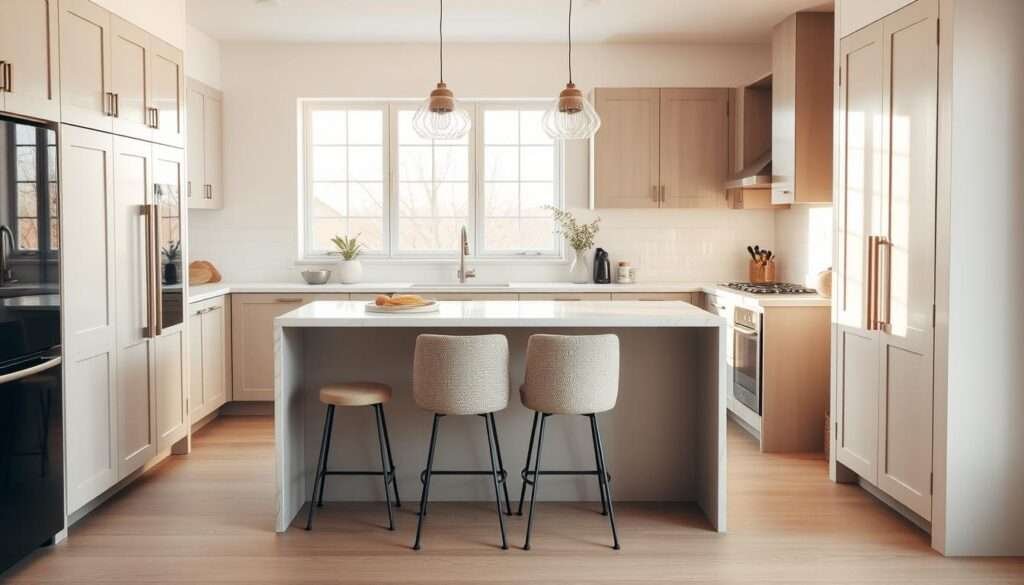 A cozy and modern small kitchen island design with a sleek marble countertop and integrated breakfast seating area. The island is positioned in the center of the bright, airy kitchen, bathed in warm, natural light from large windows. Minimalist, contemporary cabinets and appliances create a streamlined, functional aesthetic. Two comfortable bar stools with a neutral, textured upholstery are tucked under the island, inviting casual meals and gatherings. The overall atmosphere is one of relaxed sophistication, perfect for a space-constrained but stylish home.