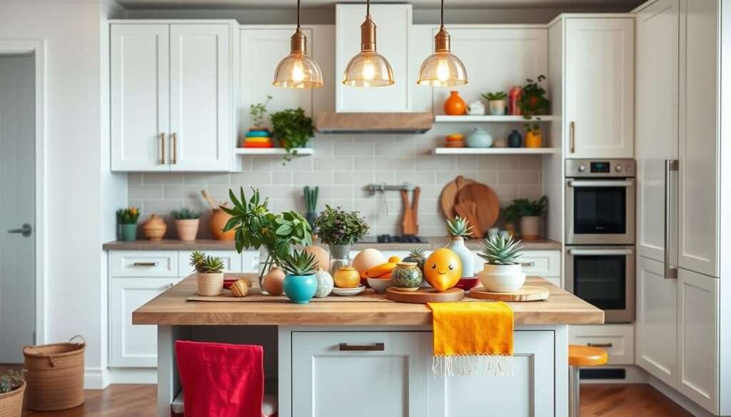 A cozy and vibrant small kitchen island, adorned with an assortment of colorful accents. The island's surface features a mix of potted plants, artisanal ceramics, and a vibrant runner in a complementary hue. Overhead, a trio of pendant lights casts a warm, ambient glow, illuminating the space. The background showcases a minimalist yet stylish kitchen, with white cabinets and a muted tile backsplash, allowing the island's vibrant decor to take center stage. The overall scene exudes a sense of cheerfulness and personality, perfectly capturing the essence of a "Colorful and Cheerful Designs" small kitchen island.
