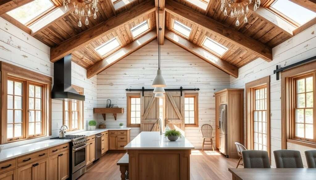 A cozy farmhouse-inspired barndominium kitchen, filled with natural light streaming through large windows and skylights. The design blends rustic and modern elements - weathered wood beams, shiplap walls, and a sleek black range hood contrast with smooth quartz countertops and stainless steel appliances. A central island with seating anchors the space, surrounded by ample cabinetry in a warm, neutral tone. Pendant lights cast a soft glow, and a sliding barn door leads to an adjoining living area, creating an inviting open-concept layout. This harmonious fusion of old and new exudes a serene, welcoming atmosphere.