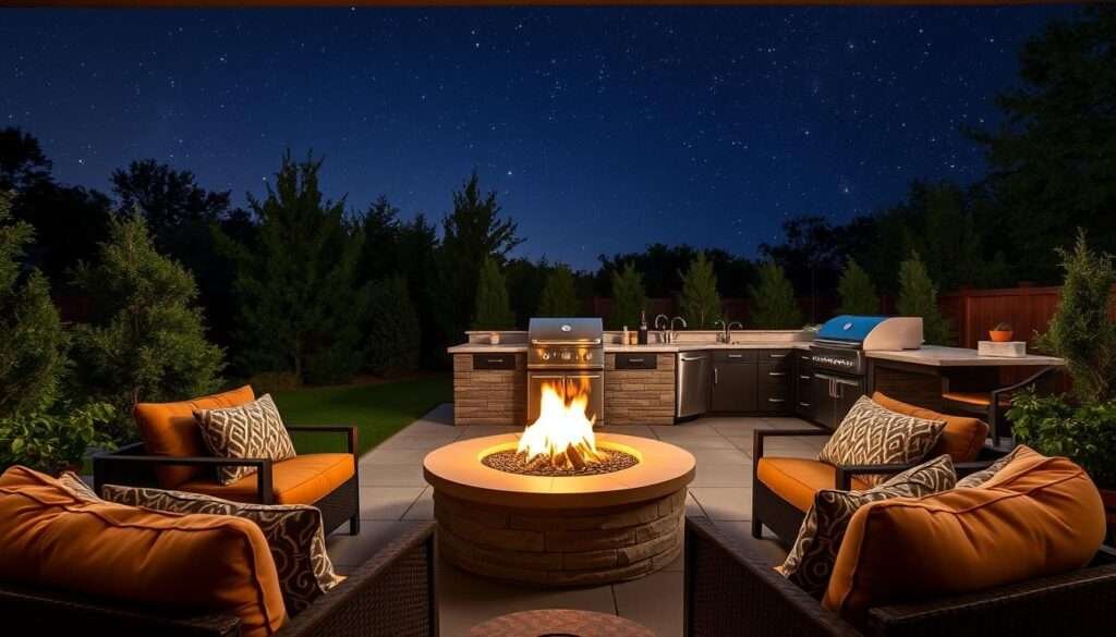 A cozy fire pit lounge area set against a backdrop of lush greenery and a starry night sky. In the foreground, plush and inviting seating arrangements surround a crackling fire pit, casting a warm glow on the scene. Mid-ground features a well-appointed outdoor kitchen with a Blackstone grill, allowing for seamless al fresco dining. The entire space is illuminated by a soft, natural light, creating an atmosphere of relaxation and outdoor living. The composition is balanced, with clean lines and a cohesive color palette of earthy tones and rich textures. The overall mood is one of tranquility, comfort, and the perfect blend of indoor and outdoor living.