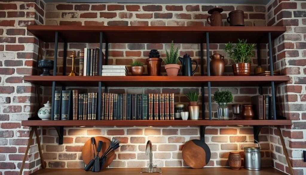 A cozy, inviting kitchen shelving unit with a library-inspired aesthetic. Sleek wooden shelves with intricate lattice detailing, complemented by vintage-style brass hardware and warm ambient lighting casting a soft glow. An eclectic mix of leather-bound books, potted plants, and rustic ceramics adorn the shelves, creating a rich, intellectual vibe. The shelving is positioned against a backdrop of exposed brick walls, lending an industrial-chic charm. Captured with a wide-angle lens to showcase the depth and character of the space, the overall scene exudes a sense of timeless sophistication and understated elegance.