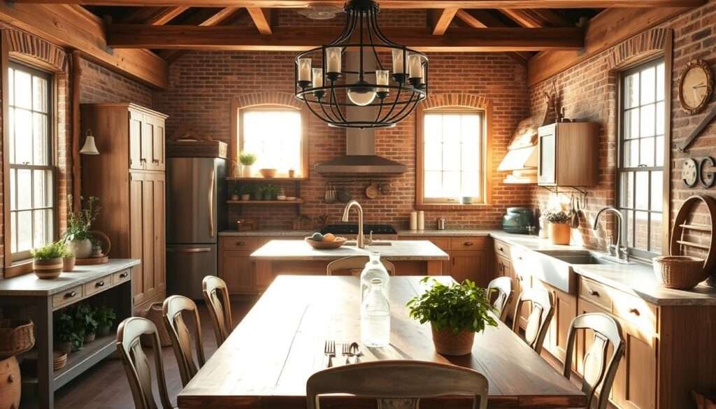 A cozy rustic barndominium kitchen with warm wooden beams, exposed brick walls, and a farmhouse-style island. The room is bathed in soft, natural lighting from large windows, casting a golden glow on the weathered wood cabinets and stone countertops. A vintage-inspired chandelier hangs overhead, its wrought-iron frame complementing the industrial-chic vibe. In the foreground, a farmhouse-style dining table with mismatched chairs invites guests to linger. Potted herbs and rustic decor elements like Mason jars and woven baskets add charming, lived-in touches throughout the space.