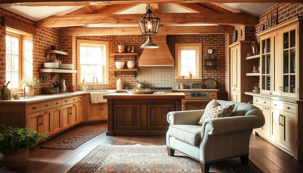 A cozy, rustic kitchen bathed in warm, natural light. The focal point is a large, distressed wood island with a butcher block countertop, surrounded by shaker-style cabinets and open shelving displaying vintage ceramics and copper cookware. Exposed beams and brick walls add character, while a farmhouse-inspired pendant light casts a soft glow. In the foreground, a plush, tufted armchair invites relaxation, complemented by a vintage rug and potted plants. The overall atmosphere exudes a sense of timeless, elegant simplicity.