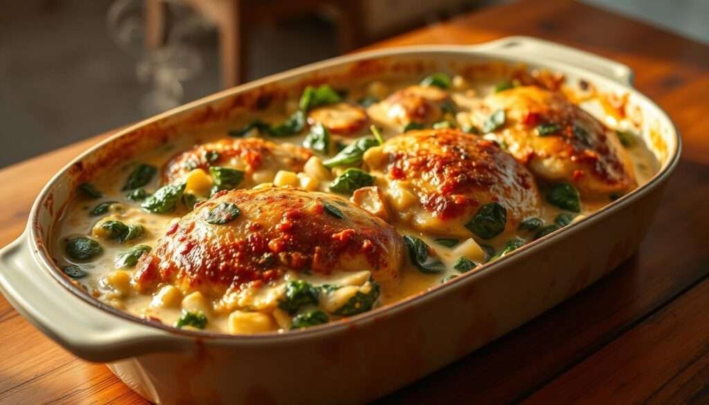 A creamy and bubbling spinach artichoke chicken bake, fresh out of the oven, sits on a wooden table. The chicken is golden-brown, with a crispy skin, nestled in a rich, velvety sauce flecked with vibrant green spinach leaves and tender artichoke hearts. The dish is bathed in warm, natural lighting, casting a cozy, inviting glow. The scene is captured from a slightly elevated angle, showcasing the layers of the bake and the enticing steam rising from the casserole dish. The background is softly blurred, keeping the focus on the delectable, homemade creation.