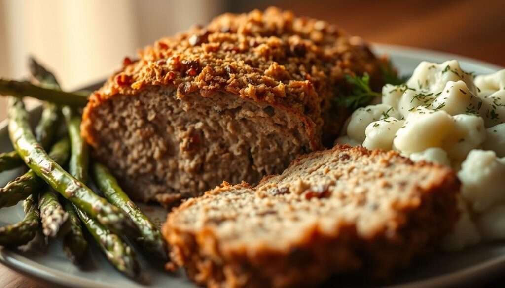 A delectable Keto-friendly meatloaf with a golden-brown, crispy pork rind crust, nestled on a platter alongside roasted asparagus spears and a side of creamy, garlic-infused mashed cauliflower. Soft, buttery lighting illuminates the scene, casting a warm, inviting glow. The meatloaf is sliced, revealing its moist, flavorful interior, complemented by the savory pork rinds and the vibrant, al dente asparagus. The mashed cauliflower, flecked with fresh herbs, provides a creamy, comforting counterpoint. The overall presentation is both visually appealing and evocative of a satisfying, healthful Keto meal.