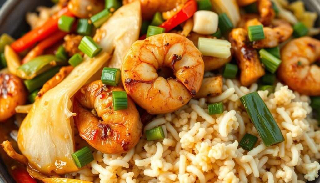 A delectable keto-friendly Asian-inspired dish, featuring a mouthwatering medley of stir-fried vegetables, aromatic herbs, and savory proteins. The scene captures a close-up of the dish, showcasing its vibrant colors and textures. The foreground highlights the juicy, seared chicken or shrimp, accompanied by crunchy cabbage, crisp bell peppers, and fragrant garlic, ginger, and scallions. The middle ground reveals a bed of riced cauliflower, adding a low-carb twist to the traditional dish. Subtle hints of soy sauce, sesame oil, and spices lend depth to the flavors. The image is captured in warm, natural lighting, casting a golden glow and emphasizing the dish's appetizing appeal. The overall composition and styling create a visually stunning and mouthwatering representation of a customizable, keto-friendly Asian-inspired dish.