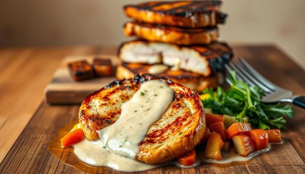 A delectable keto-friendly pork chop dinner, bathed in a rich and creamy garlic butter sauce. In the foreground, a perfectly seared pork chop sits atop a bed of vibrant, sautéed vegetables, drizzled with the luscious sauce. The middle ground features a stack of tender, caramelized pork chops, their edges lightly charred, contrasting with the smooth, velvety sauce. In the background, a wooden table sets the rustic scene, complemented by a minimalist, neutral-toned backdrop, emphasizing the dish's mouthwatering allure. Soft, warm lighting casts a gentle glow, heightening the appetizing atmosphere. Overall, a visually compelling and hunger-inducing representation of the "Creamy Garlic Butter Pork Chops Keto" dish.