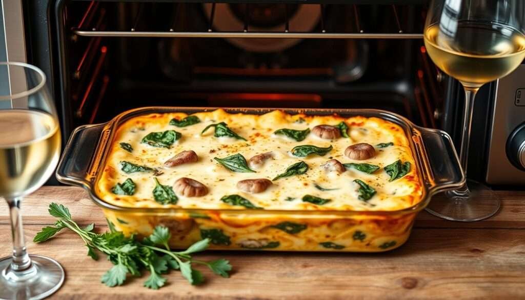A delectable keto-friendly spinach artichoke bake, freshly pulled from a modern stainless steel oven, bathed in warm, golden light. The creamy, cheese-infused casserole glistens, its artichoke hearts and vibrant green spinach leaves artfully arranged. Positioned on a rustic wooden table, surrounded by fresh herbs and a glass of crisp, chilled white wine, creating an inviting, sophisticated atmosphere. Captured with a professional-grade camera lens, showcasing the dish's rich, decadent texture and enticing aroma.