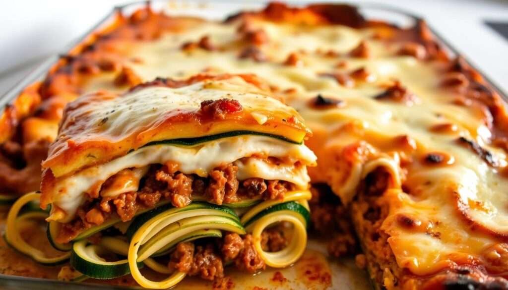 A delectable keto lasagna with layers of zucchini noodles, creamy ricotta, savory ground beef, and melted mozzarella cheese. The zucchini noodles are evenly sliced, lightly charred, and neatly arranged in a tempting baking dish. Ambient lighting casts a warm glow, highlighting the vibrant colors and inviting textures. The foreground showcases the cross-section of the lasagna, revealing its enticing interior. The middle ground features the full casserole, topped with a golden-brown cheese crust. The background hints at a minimalist kitchen counter or table, allowing the dish to be the central focus.