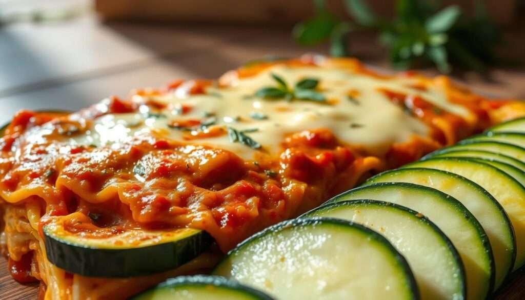 A delectable low-carb zucchini lasagna, its layers glistening under soft, warm lighting. In the foreground, thick slices of zucchini stand in for traditional noodles, their vibrant green hue complemented by creamy, melted cheese. The middle ground reveals a rich, tomato-based sauce, simmered to perfection and infused with aromatic herbs. In the background, a wooden surface provides a rustic, homemade aesthetic, while subtle shadows add depth and dimension to the scene. The overall atmosphere conveys a sense of healthy indulgence, inviting the viewer to savor the guilt-free deliciousness of this keto-friendly dish.