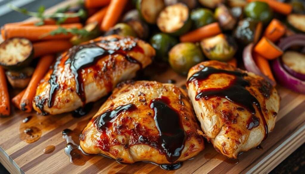 A delectable, rustic dish presented on a wooden cutting board. In the foreground, tender balsamic glazed chicken breasts sizzle with a rich, glossy sheen, their surface caramelized to perfection. Surrounding the chicken, an array of oven-roasted vegetables - vibrant carrots, zucchini, red onions, and Brussels sprouts - their edges lightly charred, emanating a mouthwatering aroma. Warm, natural lighting casts a cozy glow, while a soft, shallow depth of field keeps the focus on the tempting main course. The composition is balanced, inviting the viewer to imagine the satisfying flavors and textures of this complete, one-pan meal.