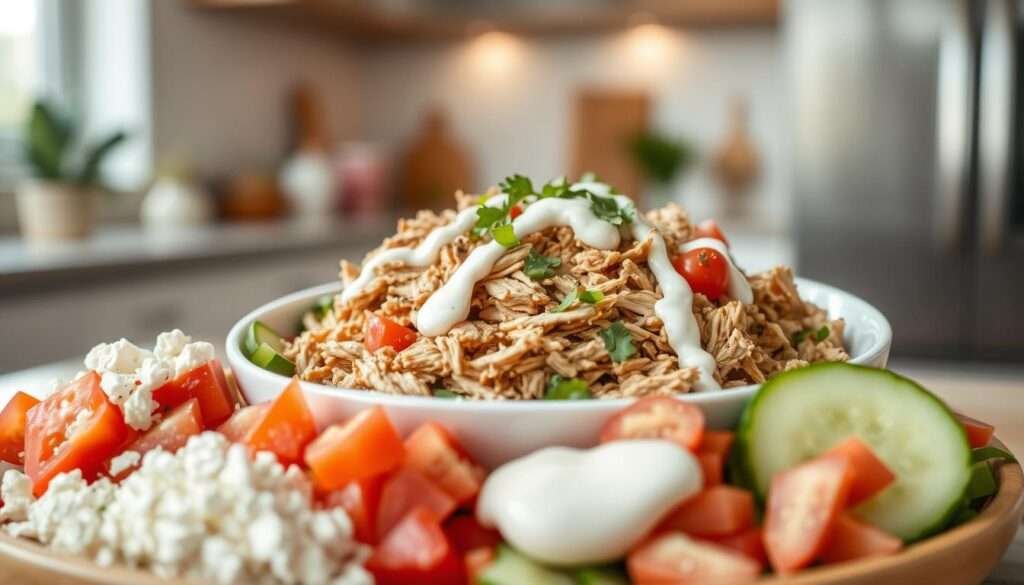 A delectable turkey gyro bowl in an airy, modern kitchen setting. In the foreground, various toppings and garnishes are artfully arranged - crumbled feta, diced tomatoes, sliced cucumber, and a drizzle of creamy tzatziki sauce. The middle ground features the main event - a hearty portion of juicy, shredded turkey gyro meat, seasoned to perfection. The background gently fades to soft, natural lighting, evoking a cozy, inviting ambiance. The camera angle is slightly elevated, capturing the dish in an appetizing, three-dimensional perspective. The overall mood is one of healthy, customizable indulgence, perfect for a low-carb meal.