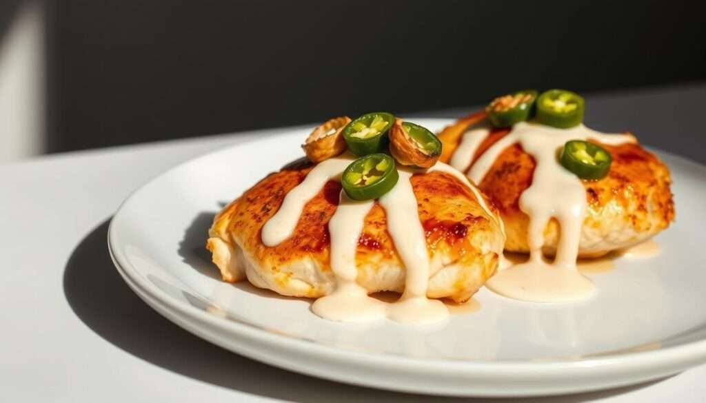 A delicate arrangement of juicy keto-friendly jalapeño popper chicken breasts, drizzled with a rich, creamy sauce and garnished with crisp, sautéed jalapeño slices. The chicken is presented on a modern, minimalist white plate, highlighted by soft, directional lighting that casts subtle shadows, emphasizing the dish's elegant plating. The overall mood is one of refined, mouthwatering indulgence, inviting the viewer to savor this culinary delight.