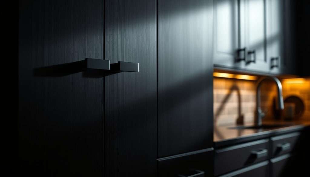 A dimly lit kitchen showcases dark, sleek cabinet hardware gleaming against the rich, matte finish of the ebony cabinets. The hardware features clean lines and understated elegance, creating a tonal, sophisticated ambiance. Soft, warm lighting casts a gentle glow, accentuating the depth and texture of the wood grain. The countertops are a complementary dark hue, seamlessly blending with the cabinetry to form a harmonious, cohesive aesthetic. Shadows and highlights dance across the surfaces, adding depth and dimensionality to the scene. The overall atmosphere is one of moody, elegant refinement, perfectly suited for a contemporary kitchen design.