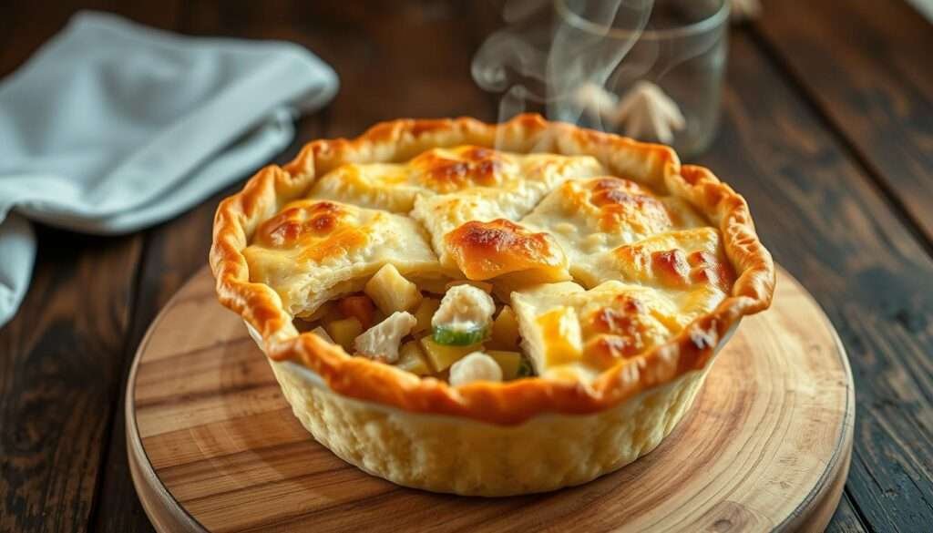 A freshly baked keto chicken pot pie with a golden, flaky cauliflower crust sits on a rustic wooden table, the steam gently rising from the savory filling. Soft, tender chicken pieces and aromatic vegetables are nestled in a rich, creamy sauce, creating a comforting and satisfying scene. The lighting is warm and soft, casting a gentle glow over the dish, inviting the viewer to imagine the satisfying flavors and textures. The composition is balanced, with the pie placed slightly off-center, allowing for negative space to draw the eye towards the delectable focal point. The overall mood is one of cozy, homemade indulgence, perfectly capturing the essence of "baking the keto chicken pot pie".