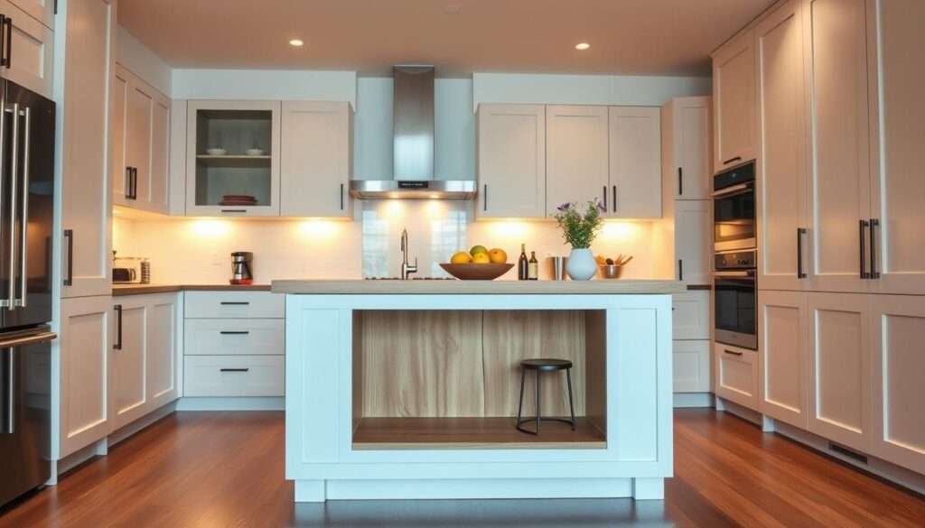 A functional and stylish two-tiered kitchen island with a sleek, wooden countertop and a lower shelf for additional storage and display. The island is positioned in a well-lit, modern kitchen with warm, indirect lighting that casts a soft, inviting glow. The surrounding cabinets and appliances are minimalist in design, allowing the island to take center stage. The overall atmosphere is one of clean, understated elegance, with the island serving as a practical and attractive focal point in the space.