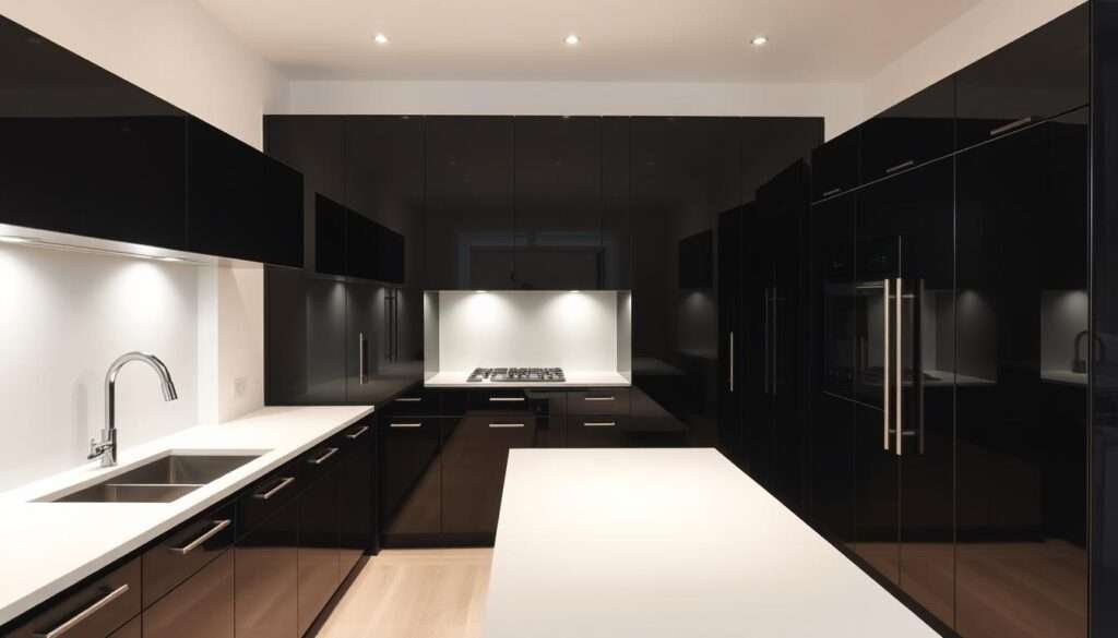 A high-gloss black kitchen with sleek, minimalist cabinets that exude sophistication. The cabinets are set against a backdrop of pristine white walls, creating a striking contrast. Soft, indirect lighting gently illuminates the space, casting a warm glow on the reflective surfaces. The kitchen countertop is a crisp, white quartz, complementing the dark cabinetry. The overall atmosphere is one of understated elegance, inviting the viewer to imagine the culinary creations that could emerge from this dramatic and impeccably designed kitchen.