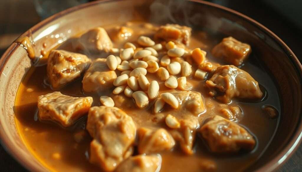 A large, shallow ceramic bowl filled with slow-cooked peanut chicken, the sauce rich and creamy, with chunks of tender chicken and chopped peanuts sprinkled on top. Steaming hot, the dish is shot from above, with muted lighting casting warm shadows, highlighting the glossy texture of the sauce. The background is blurred, allowing the focus to remain solely on the delectable meal, inviting the viewer to dive in and savor every bite of this comforting, flavorful dish.