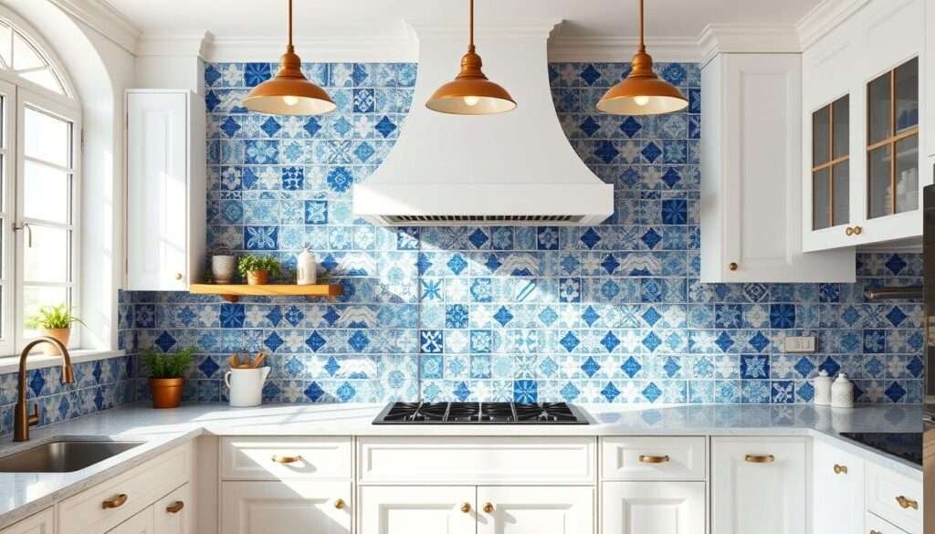 A large, sun-drenched kitchen with a classic Spanish tile backsplash, showcasing a harmonious blend of vibrant blue and crisp white ceramic tiles. The tiles are arranged in a staggered pattern, creating an eye-catching visual texture that reflects the warm, Mediterranean ambiance. Subtle variations in the tile hues and textures add depth and character to the design. Warm, diffused lighting from overhead fixtures casts a soft, natural glow, accentuating the backsplash's intricate details. The backsplash is the focal point, seamlessly integrating with the surrounding white cabinetry and countertops to create a timeless, elegant aesthetic that captures the essence of classic Spanish Mediterranean style.
