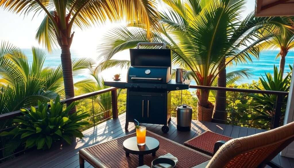 A lush tropical setting with a Blackstone grill taking center stage. The grill is positioned atop a wooden deck, surrounded by vibrant palm trees and verdant foliage. Warm, golden sunlight filters through the fronds, casting a warm glow over the scene. In the foreground, a woven rattan lounger invites relaxation, while a small table holds a refreshing tropical drink. The background features a stunning ocean view, with turquoise waters and a distant horizon. The overall atmosphere evokes a sense of tranquility and escapism, perfectly capturing the essence of a tropical paradise with a Blackstone grill as the focal point.