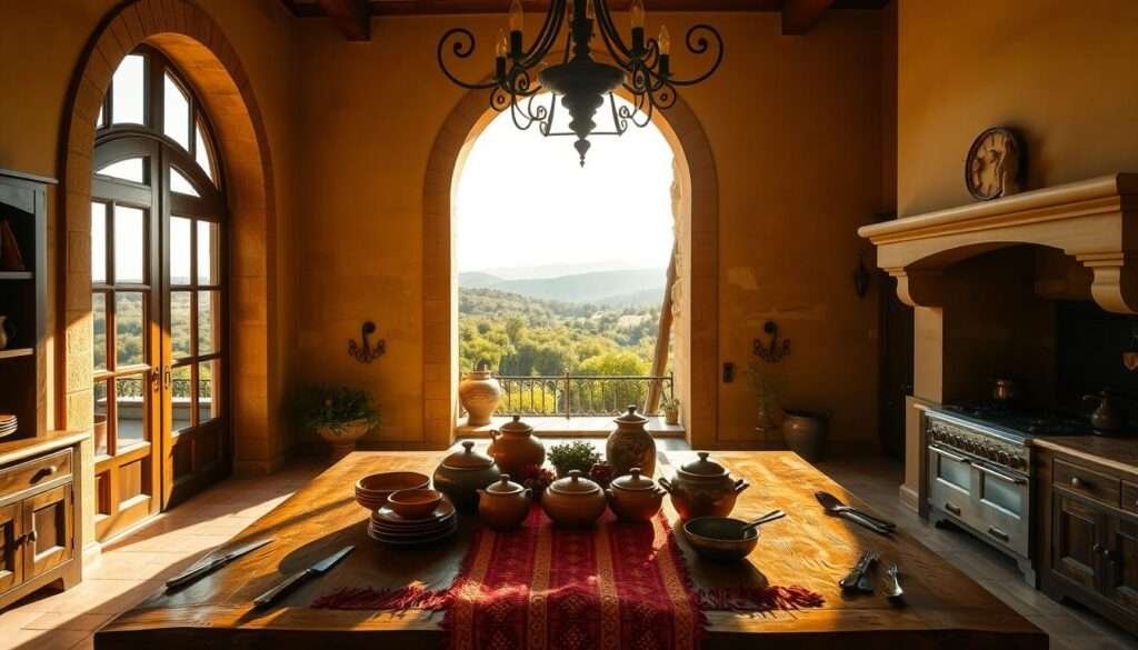 A luxurious Spanish kitchen bathed in warm, golden sunlight streaming through large arched windows. The foreground features an elegant wrought-iron chandelier casting a soft, ambient glow over a rustic wooden table adorned with a vibrant, hand-woven runner in rich crimson and saffron hues. On the table, an artful arrangement of terracotta dishes, glazed ceramics, and polished copper cookware. In the middle ground, towering stone walls with intricate carved moldings and a massive fireplace with a hand-forged iron grate. The background reveals a vista of verdant olive groves and distant, sun-kissed hills, captured through the archway's frame.