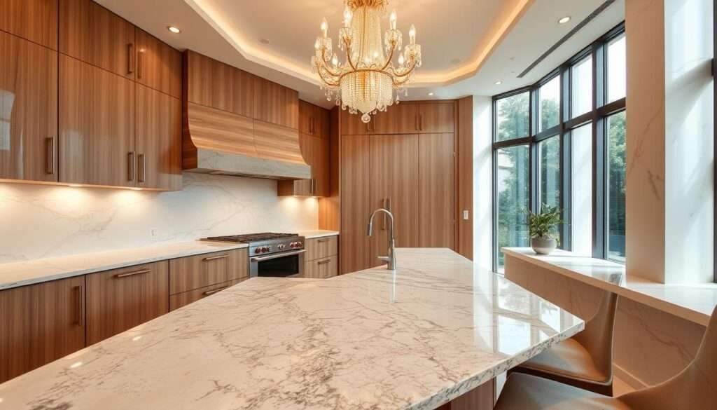 A luxurious high-end kitchen in a warm, inviting ambiance. The focal point is a large, gleaming granite countertop with intricate veining, surrounded by sleek, custom-made wood cabinetry with brushed metal hardware. Overhead, a grand, crystal chandelier casts a soft, golden glow, illuminating the space. Lining the walls are smooth, marble tile backsplashes that reflect the light, creating a sense of depth and elegance. In the corner, a built-in, stainless steel oven and gas stovetop sit flush against the countertop, blending seamlessly with the overall design. The room is bathed in a combination of natural light from large windows and subtle, recessed lighting, casting a warm, inviting atmosphere.