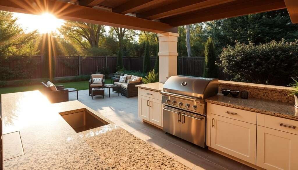 A luxurious outdoor kitchen nestled in a lush backyard, bathed in warm, golden sunlight. Granite countertops gleam, complemented by a stainless steel Blackstone grill, its flames dancing. Sleek, modern cabinetry flanks the scene, accented by carefully curated greenery. Comfortable seating areas invite guests to gather and enjoy the alfresco ambiance, while a well-designed layout maximizes functionality. The entire space exudes a sense of refined elegance and effortless sophistication, capturing the essence of a true outdoor culinary oasis.