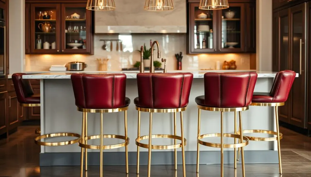 A luxurious set of burgundy leather counter stools, their rich hue commanding attention in a well-appointed kitchen. The stools are positioned around a sleek, modern island, their polished brass frames gleaming under the warm, ambient lighting overhead. The countertop is a striking contrasting material, perhaps granite or marble, reflecting the stools' elegant presence. The kitchen itself is a harmonious blend of traditional and contemporary elements, creating a sophisticated and inviting atmosphere. The scene is captured from a slight angle, showcasing the stools' elegant silhouettes and the careful attention to detail in their design.