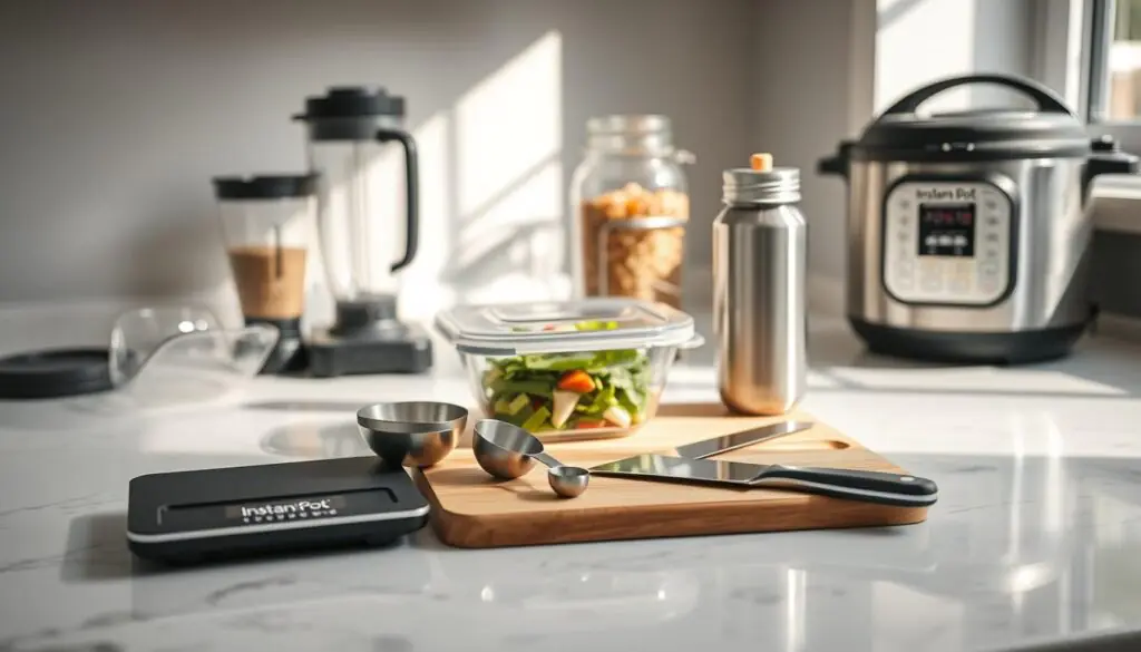 A meticulously arranged still life showcasing an array of fitness meal planning tools on a minimalist marble countertop. In the foreground, a sleek digital food scale, a set of measuring cups and spoons, and a cutting board with a perfectly sharpened knife. In the middle ground, a stylish glass meal prep container and a stainless steel shaker bottle. The background features a modern blender, a spiralizer, and a gleaming Instant Pot, all bathed in soft, diffused natural lighting streaming in from an unseen window. The overall atmosphere evokes a sense of organization, efficiency, and a dedication to healthy living.