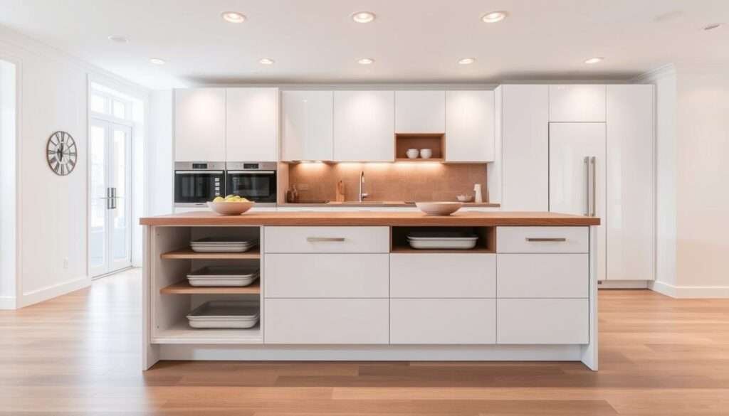 A modern and well-designed kitchen island with ample built-in storage solutions. The island features minimalist white cabinets and drawers, seamlessly integrated into the sleek, wood-clad counter top. Soft, even lighting from recessed ceiling fixtures casts a warm glow over the scene. The island is positioned in the middle of a spacious, light-filled kitchen, its clean lines and functional design complementing the overall aesthetic. Seen from a slightly elevated angle, the image showcases the thoughtful integration of storage into the island's form, creating a highly practical and visually appealing centerpiece for the room.