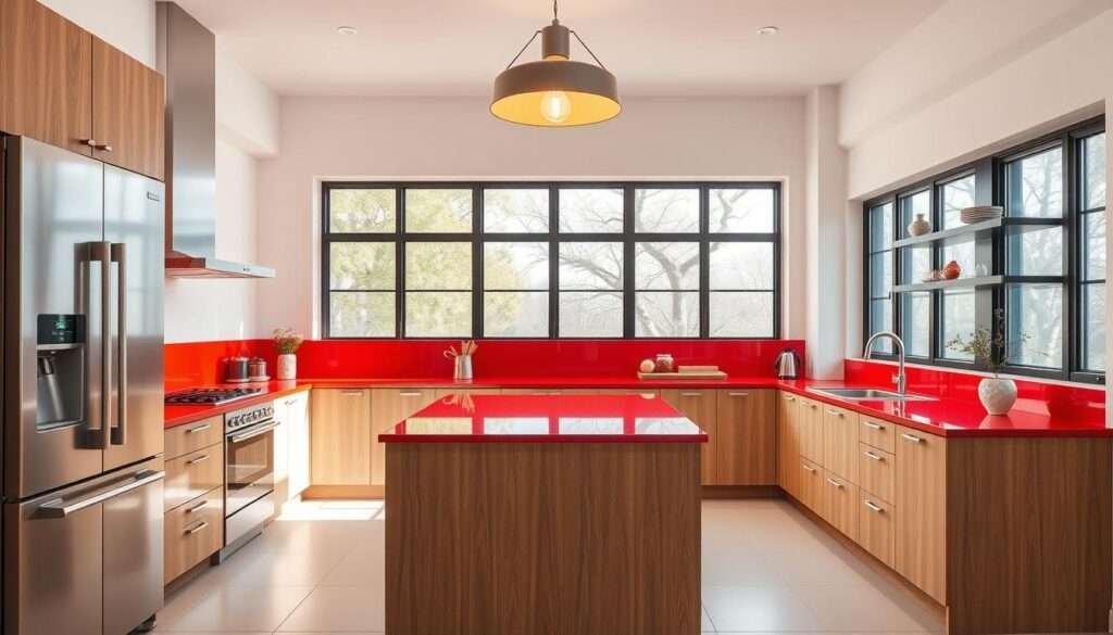 A modern, boldly-accented kitchen with vibrant pops of color standing out against a clean, minimalist backdrop. The foreground features a sleek, stainless steel appliance suite complemented by a vibrant red backsplash and matching kitchen island. Overhead, a striking pendant light fixture casts a warm, focused glow. In the middle ground, wooden cabinetry and countertops provide a natural contrast, while the background showcases large windows allowing for ample natural light. The overall scene exudes a sense of sophistication and timeless style, perfect for a 2025 kitchen makeover.