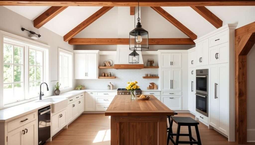 A modern farmhouse-style barndominium kitchen, bathed in warm, natural light filtering through large windows. The open-concept space features sleek, white shaker-style cabinets, a farmhouse sink, and a freestanding wooden island with a butcher block countertop. Vintage-inspired light fixtures hang overhead, casting a soft glow. The backsplash is a herringbone pattern of white subway tiles, complemented by black hardware and accents. Rustic wood beams frame the space, blending seamlessly with the neutral palette. The scene exudes a cozy, inviting atmosphere, perfect for a breathtaking home makeover.